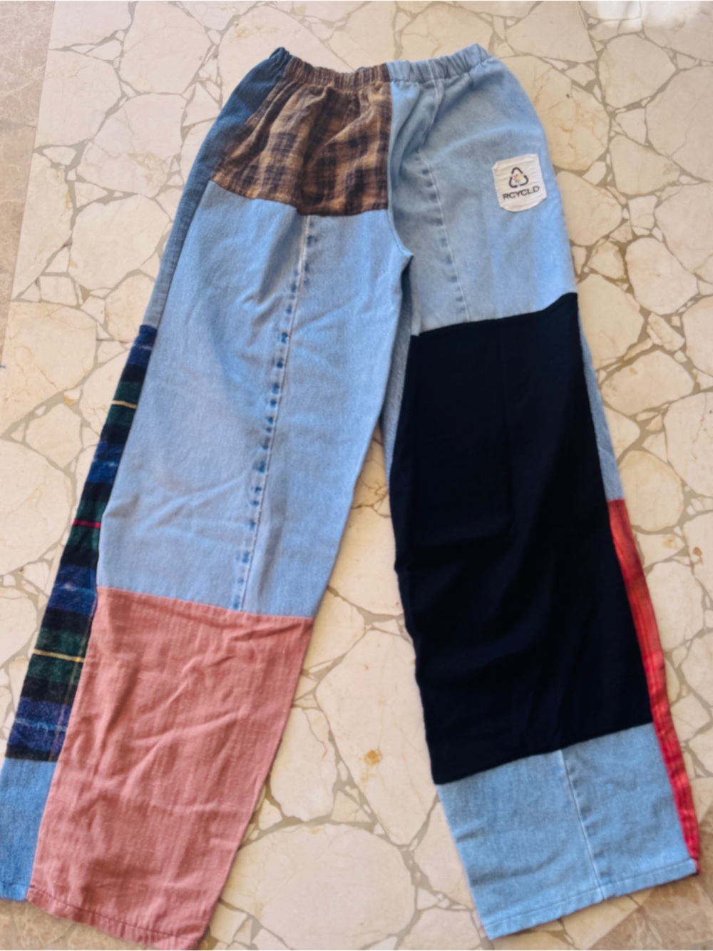 RECYCLD Straight Leg Patchwork Jeans in Light Blue, Black & Pink. Size Small